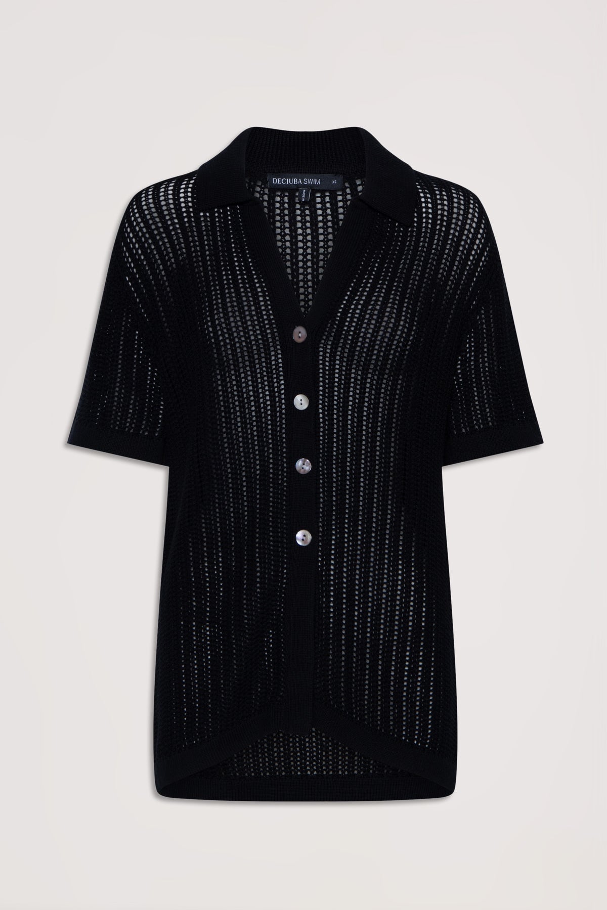 Black crochet shirt with short sleeves, button front, and a relaxed fit for effortless everyday style