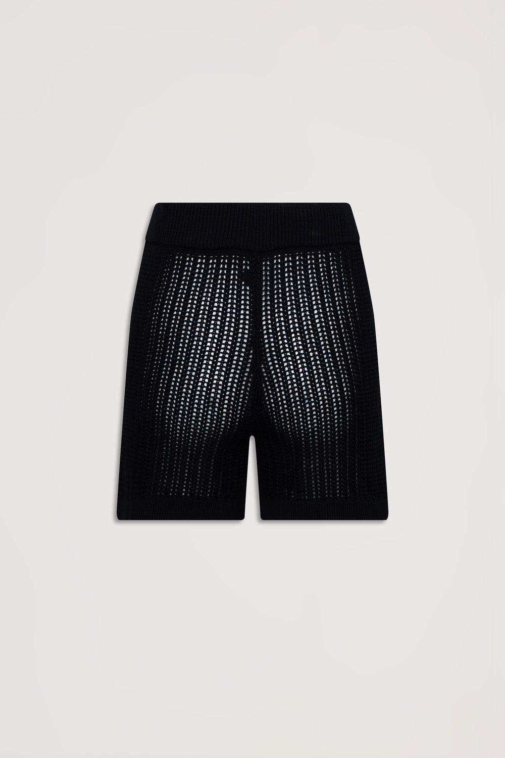 Black crochet knit shorts with a high waistband, featuring a textured open stitch pattern for a breathable feel