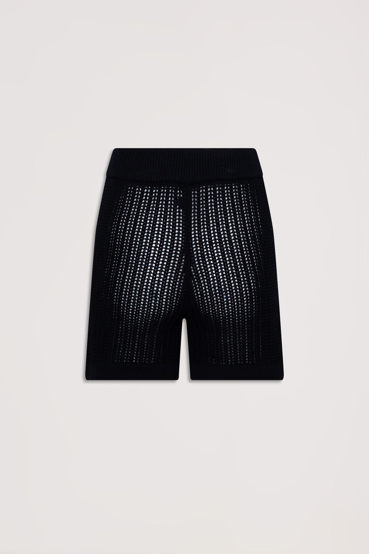 Black crochet knit shorts with a high waistband, featuring a textured open stitch pattern for a breathable feel