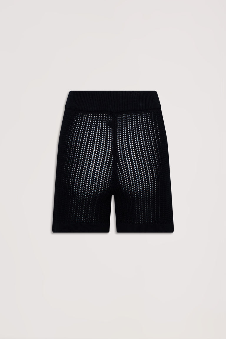 Black crochet knit shorts with a high waistband, featuring a textured open stitch pattern for a breathable feel