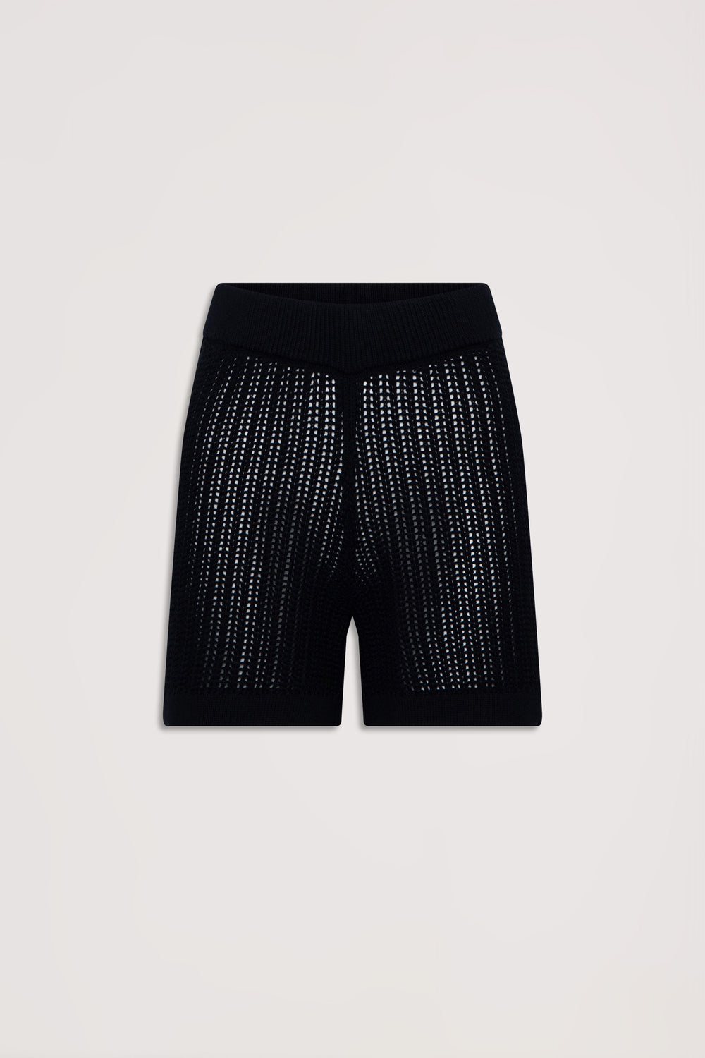 Black crochet knit shorts with a comfortable waistband, featuring a breathable openwork pattern for effortless style.