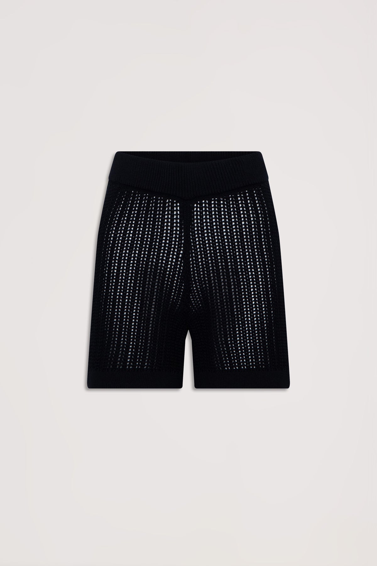 Black crochet knit shorts with a comfortable waistband, featuring a breathable openwork pattern for effortless style.