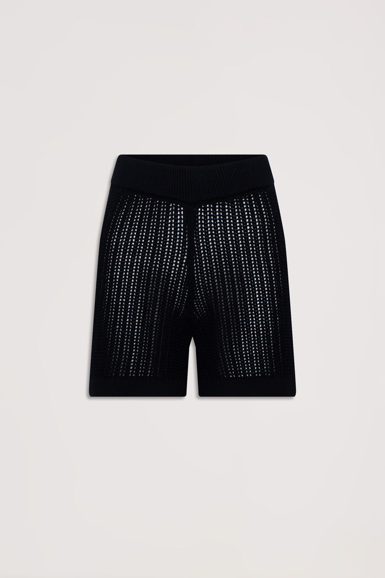 Black crochet knit shorts with a comfortable waistband, featuring a breathable openwork pattern for effortless style.