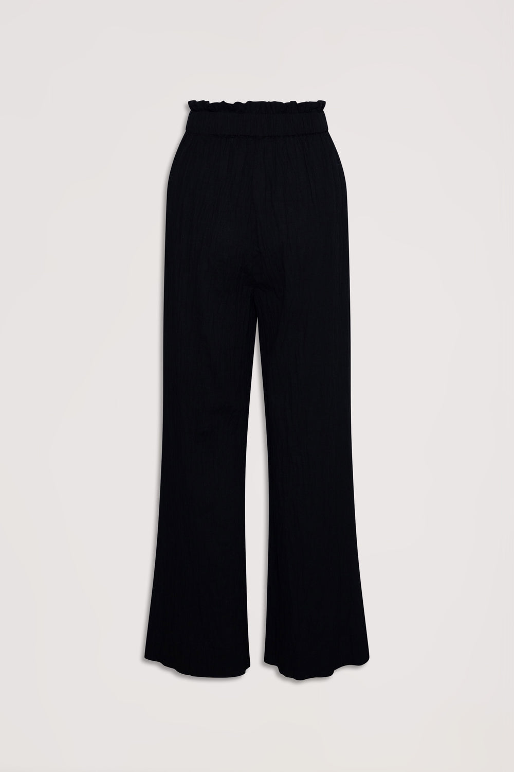 Black high-waisted wide-leg pants with a gathered elastic waistband, designed for effortless everyday style.