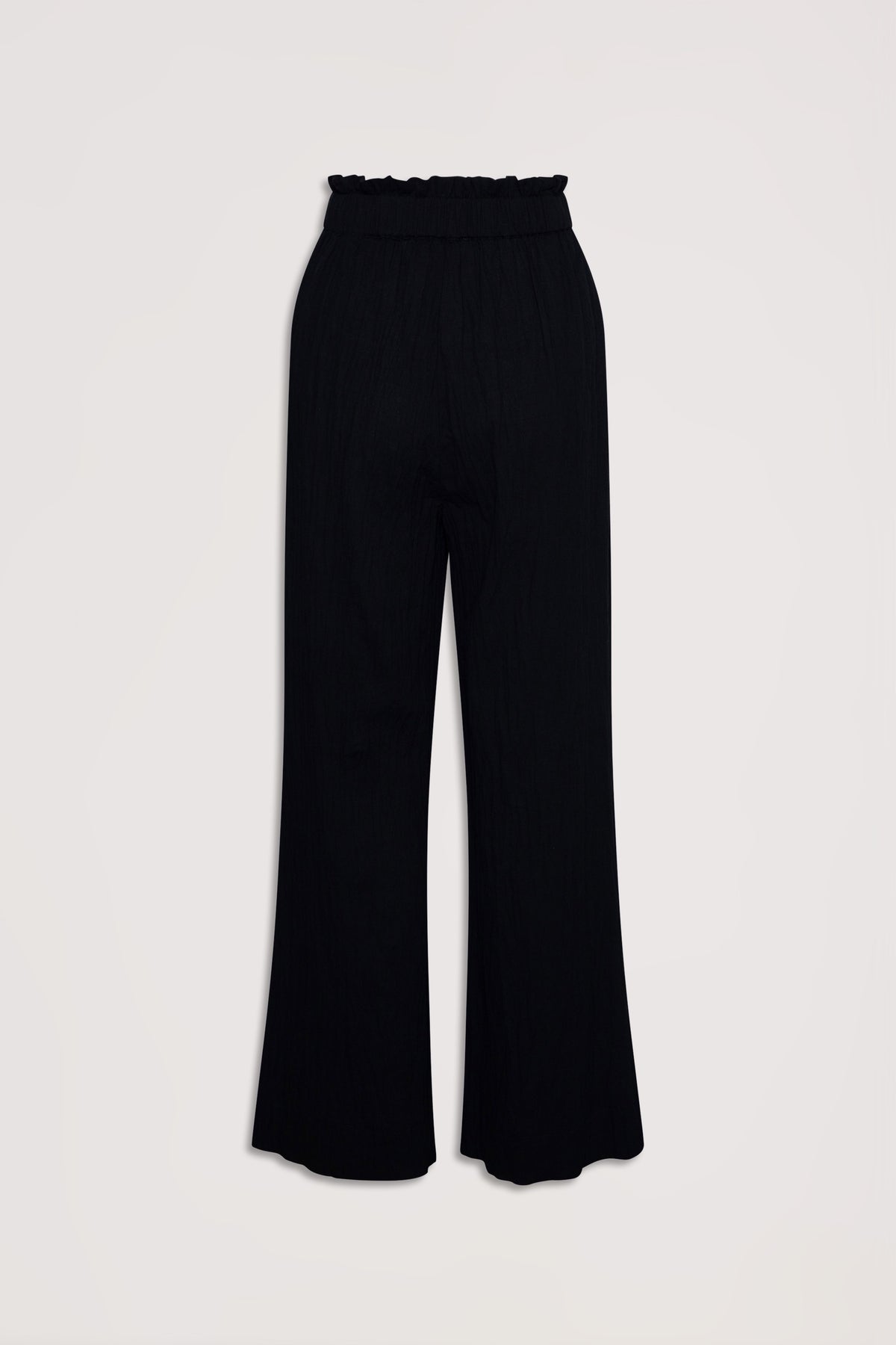 Black high-waisted wide-leg pants with a gathered elastic waistband, designed for effortless everyday style.