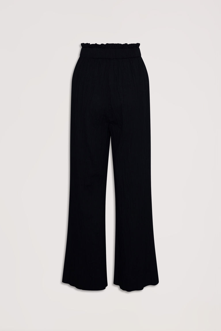 Black high-waisted wide-leg pants with a gathered elastic waistband, designed for effortless everyday style.