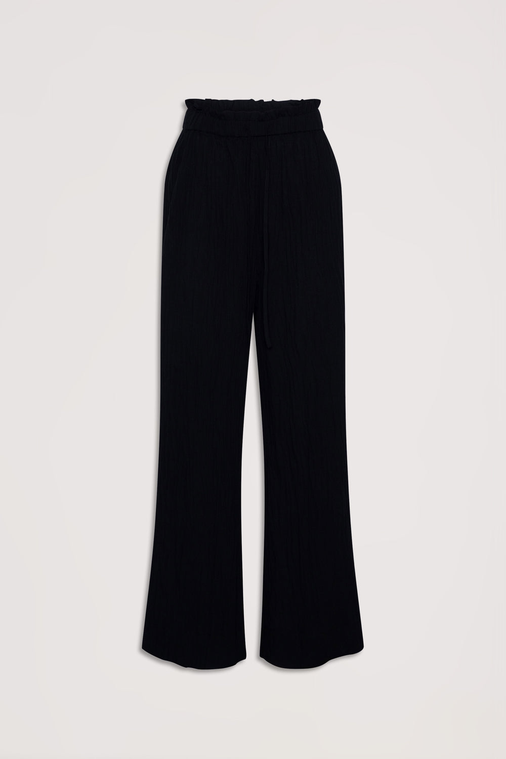 Black wide-leg pants with a gathered paperbag waist and relaxed fit, perfect for everyday effortless style.