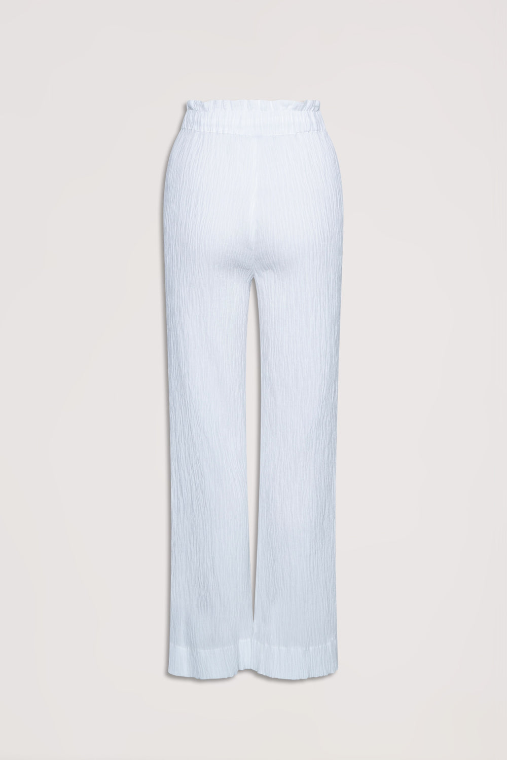 White textured wide-leg pants with an elasticated ruffle waist for a relaxed, effortless style