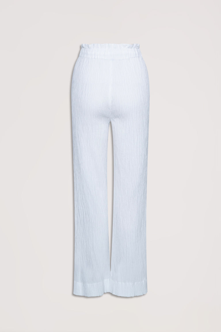 White textured wide-leg pants with an elasticated ruffle waist for a relaxed, effortless style