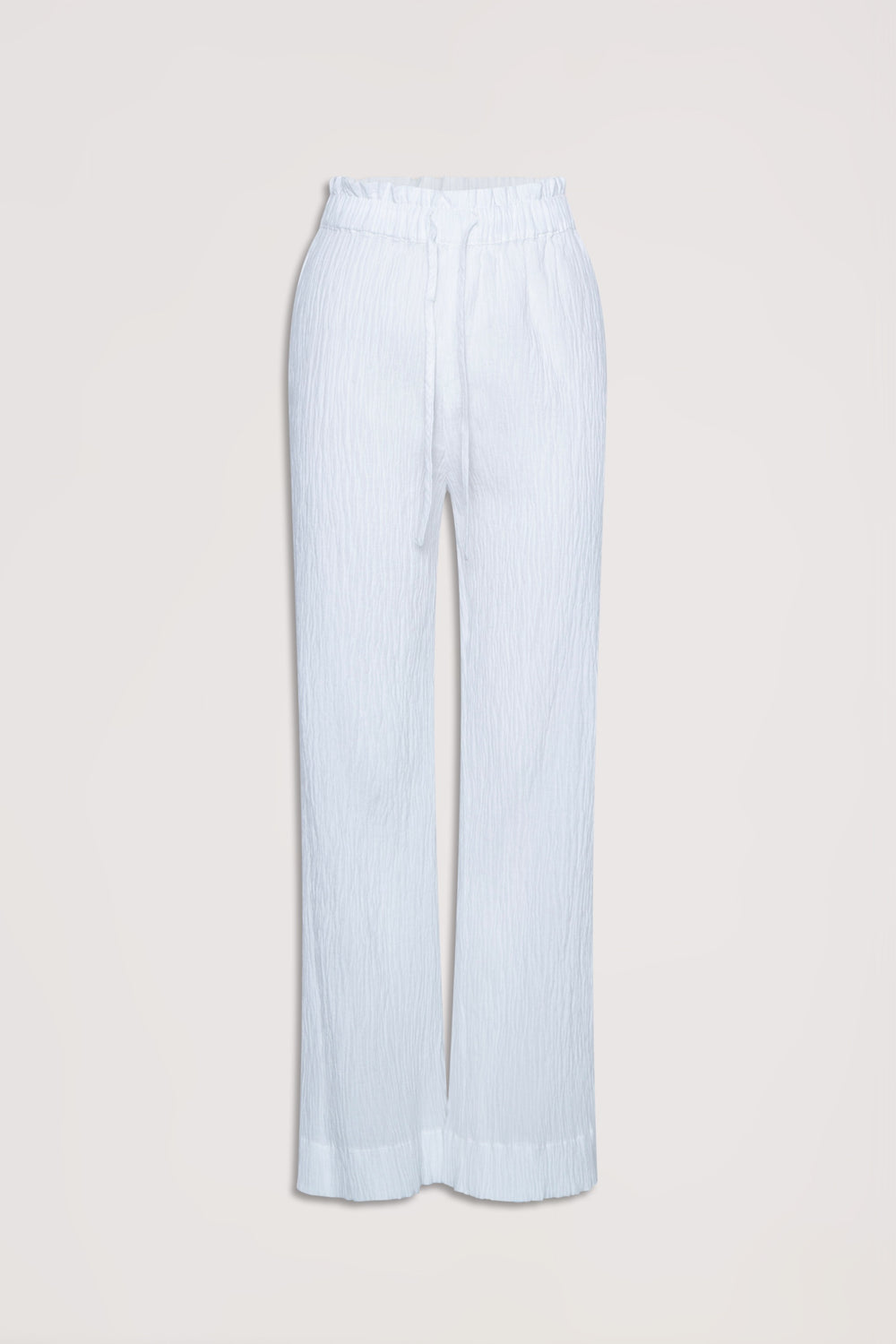 White textured lightweight pants with an elastic drawstring waistband, designed for relaxed everyday comfort.