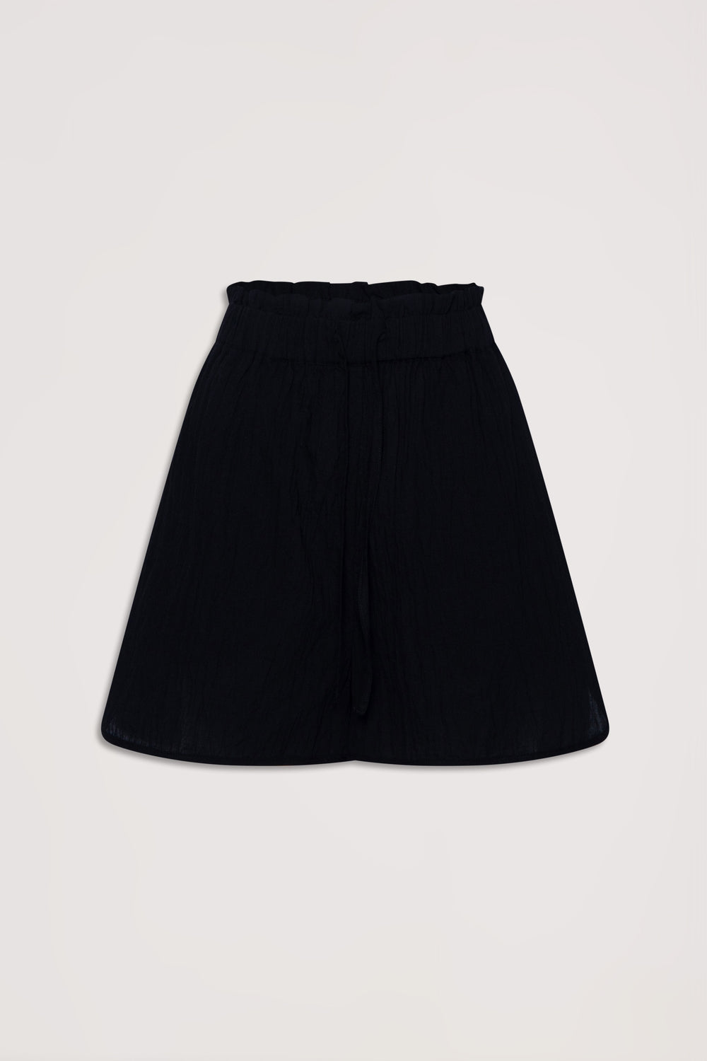 Black relaxed-fit beach shorts with a gathered waistband and tie detail for easy, breezy summer style