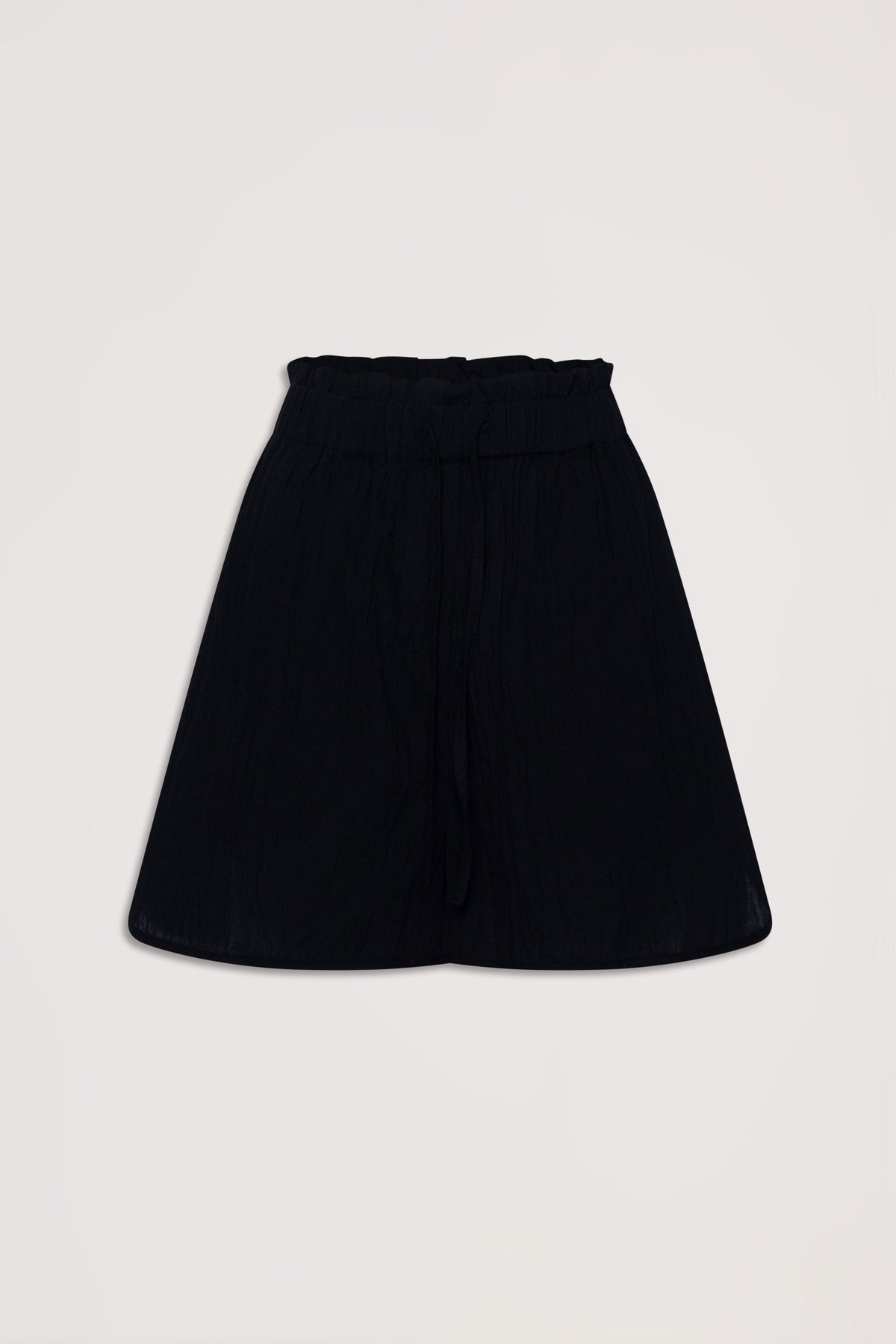 Black relaxed-fit beach shorts with a gathered waistband and tie detail for easy, breezy summer style