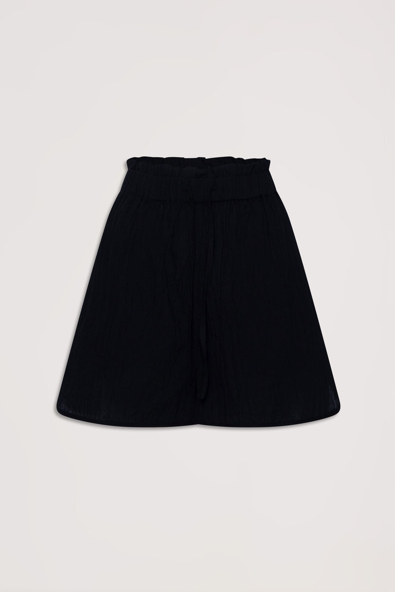 Black relaxed-fit beach shorts with a gathered waistband and tie detail for easy, breezy summer style