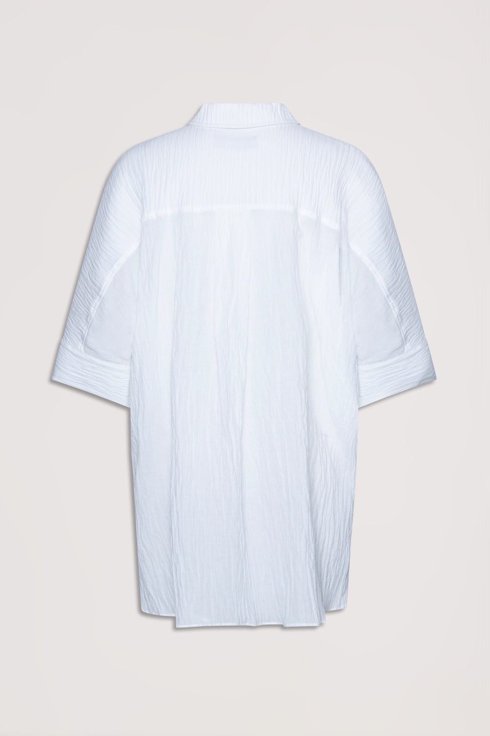 Back view of a relaxed fit white beach shirt with subtle textured stripes and mid-length sleeves