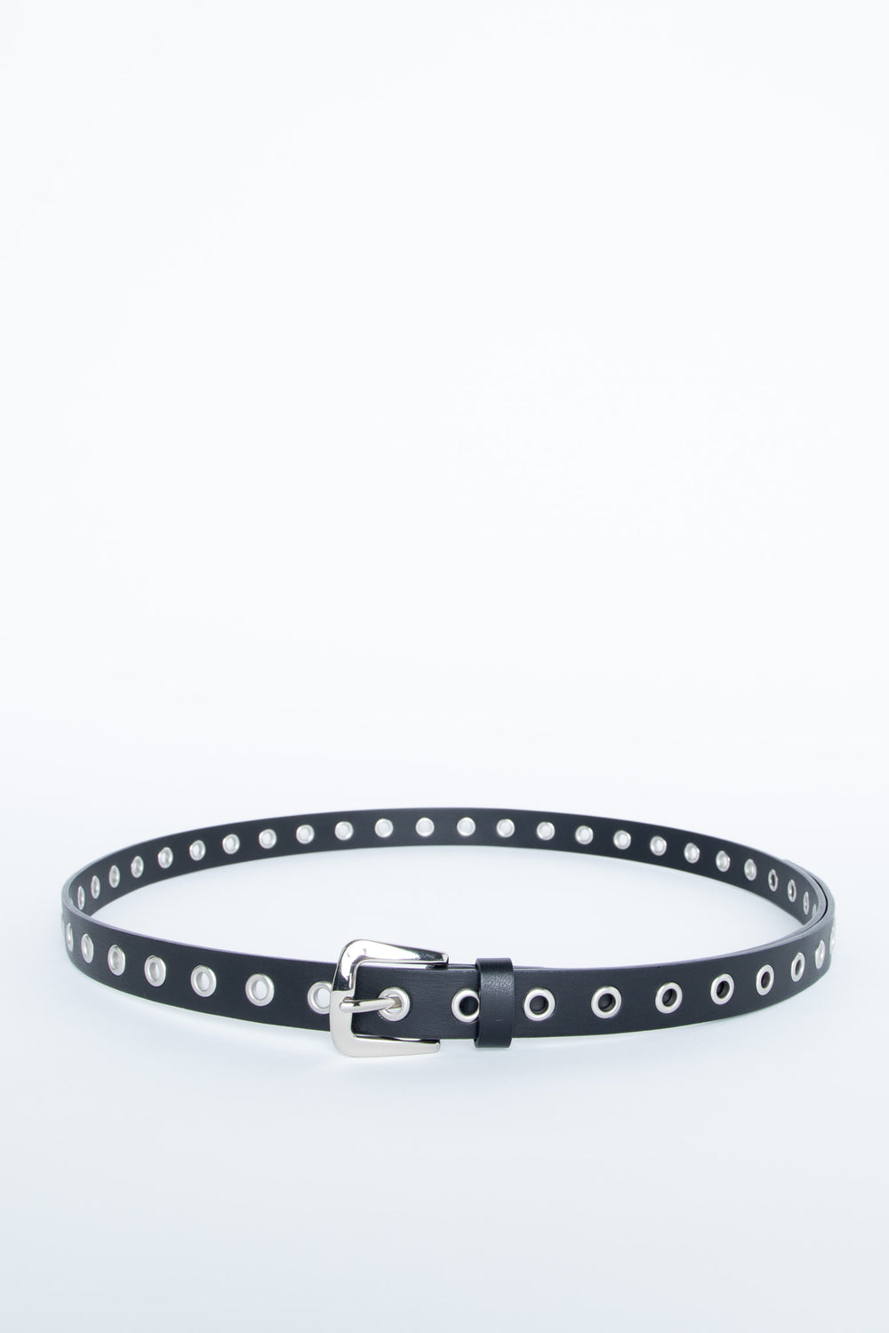 Black adjustable belt with silver eyelet detailing and buckle