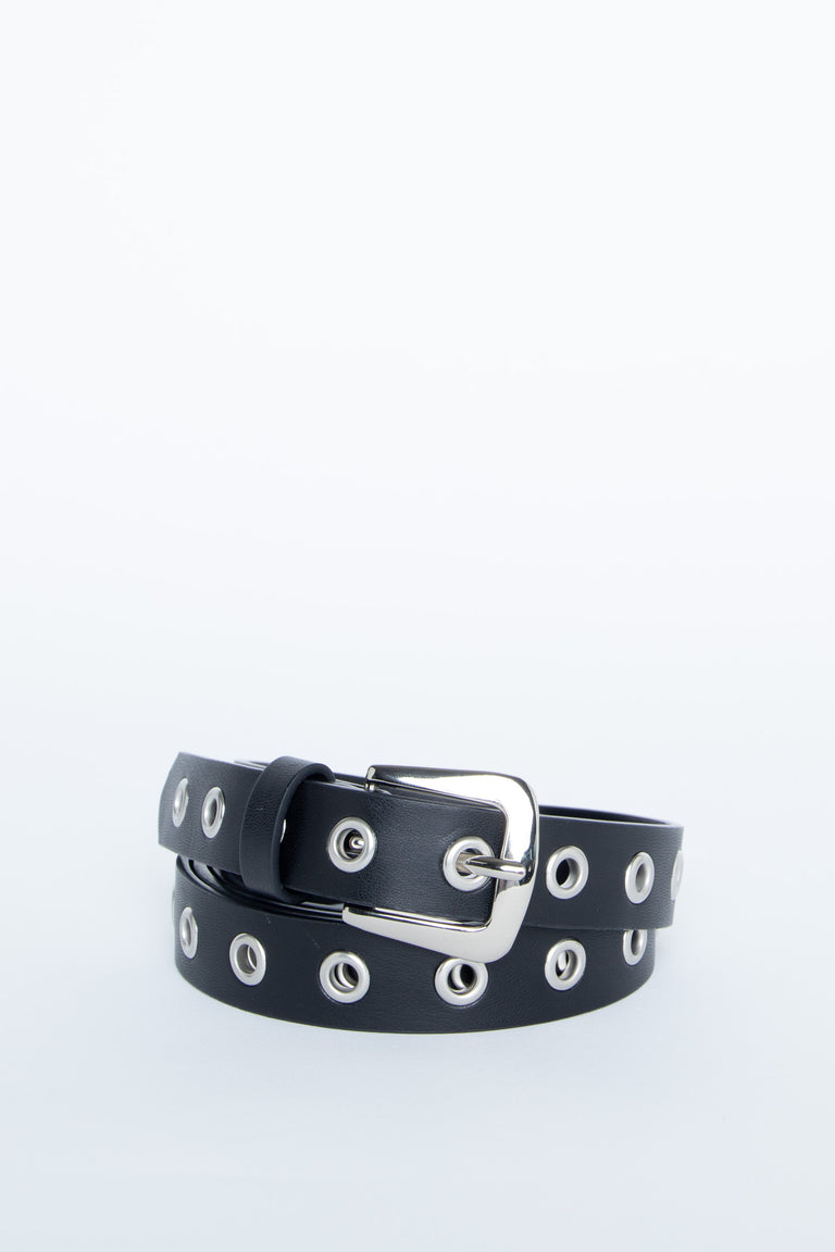 Black adjustable eyelet belt with silver buckle and stud detailing