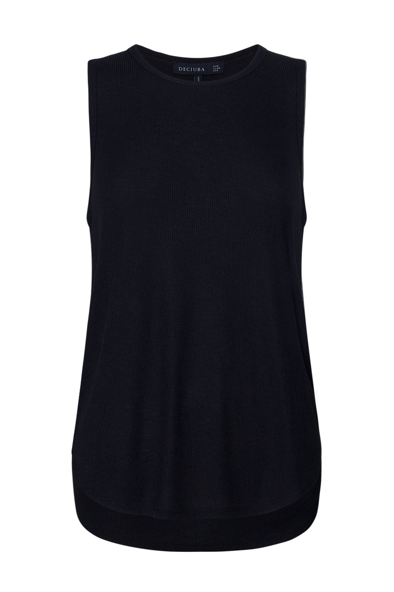 Pollie Soft Rib Tank in black, sleeveless with crew neckline and curved high-low hem, gallery position 4 portrait.