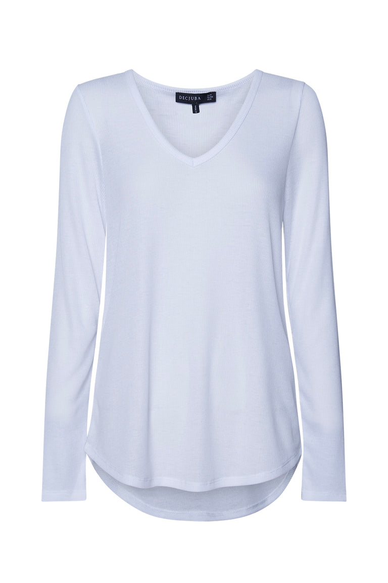 White long sleeve tee with a subtle v-neck and relaxed fit, crafted for everyday versatile style.