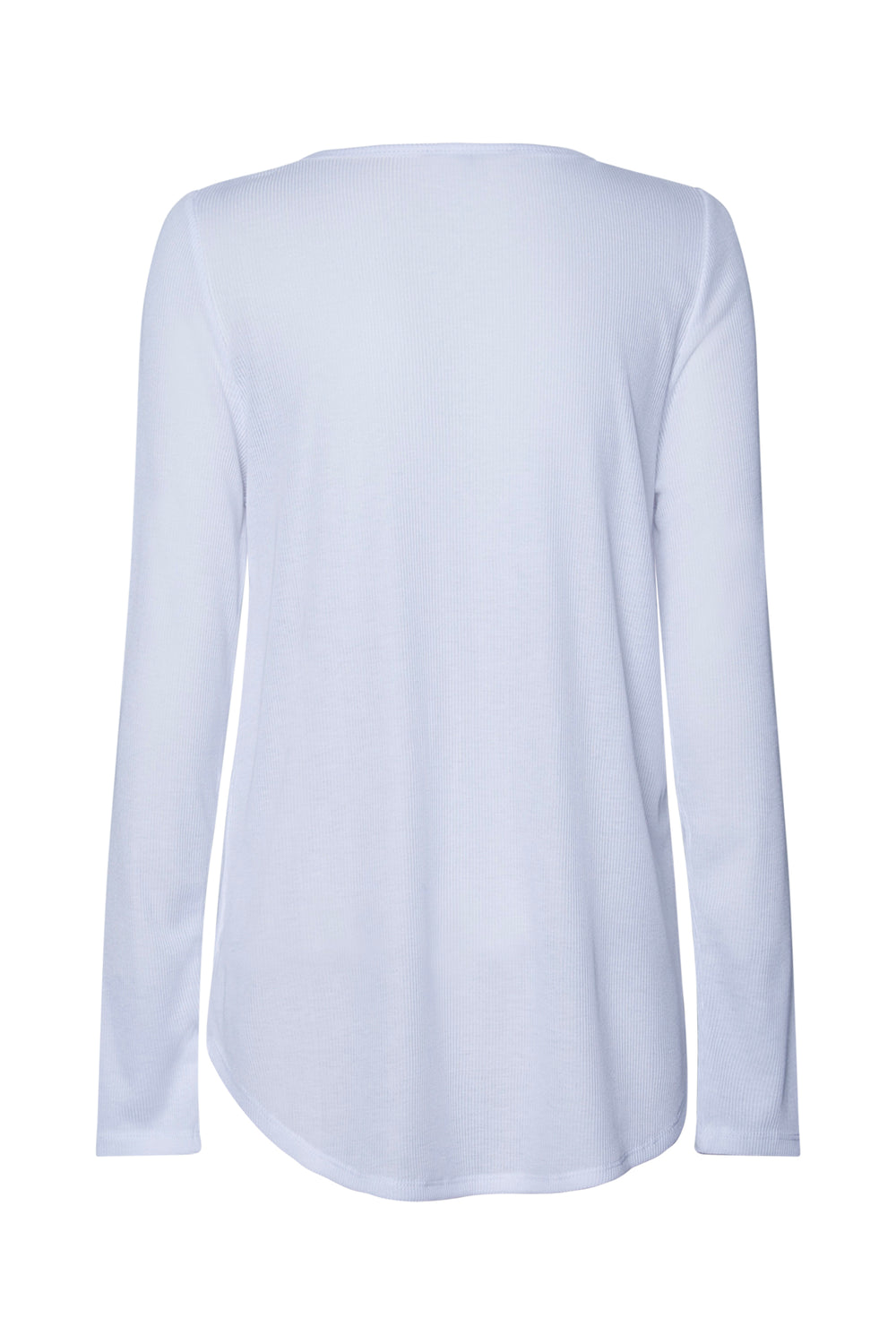 Back view of a soft white long sleeve tee with a relaxed fit and curved hem, ideal for casual layering.