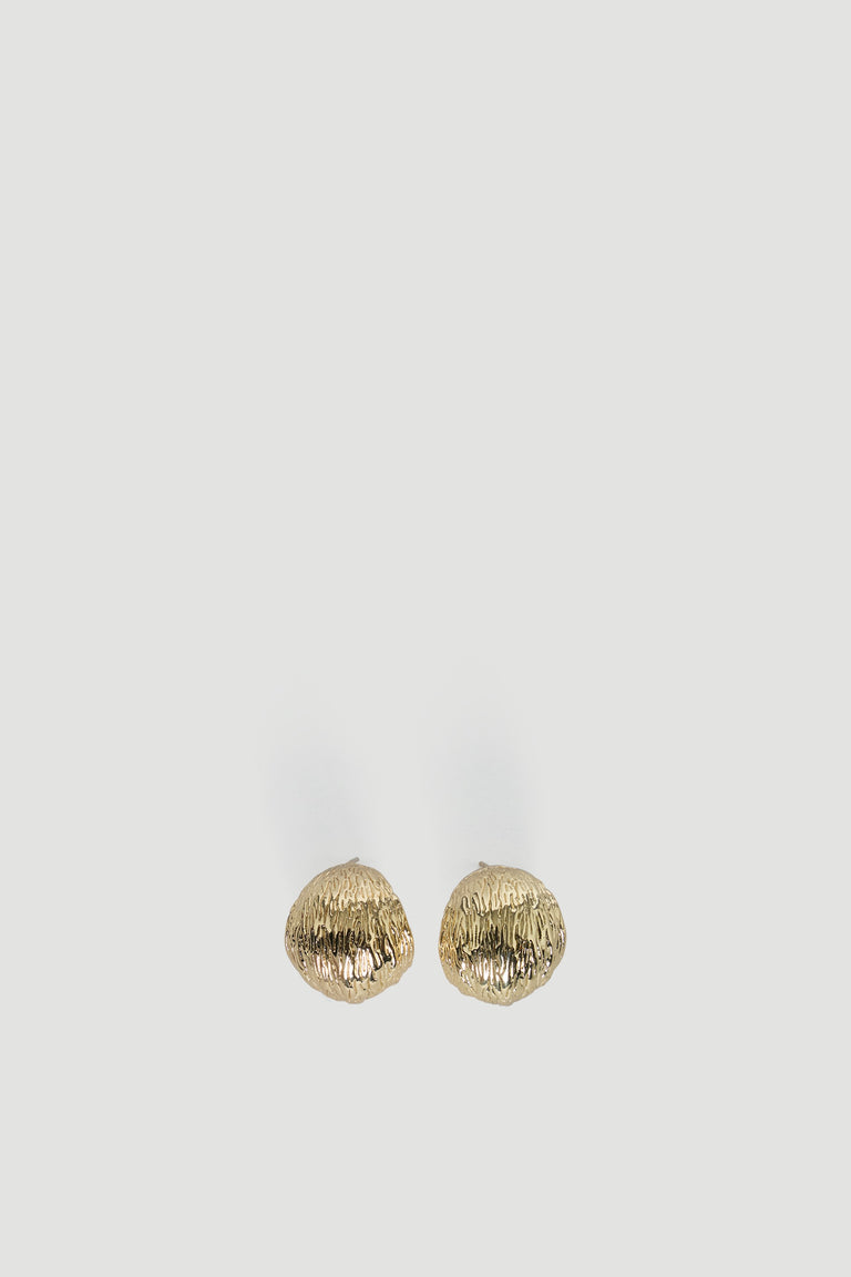 Pair of textured gold-tone chunky hoop earrings with an organic shape for a bold, modern accessory look.