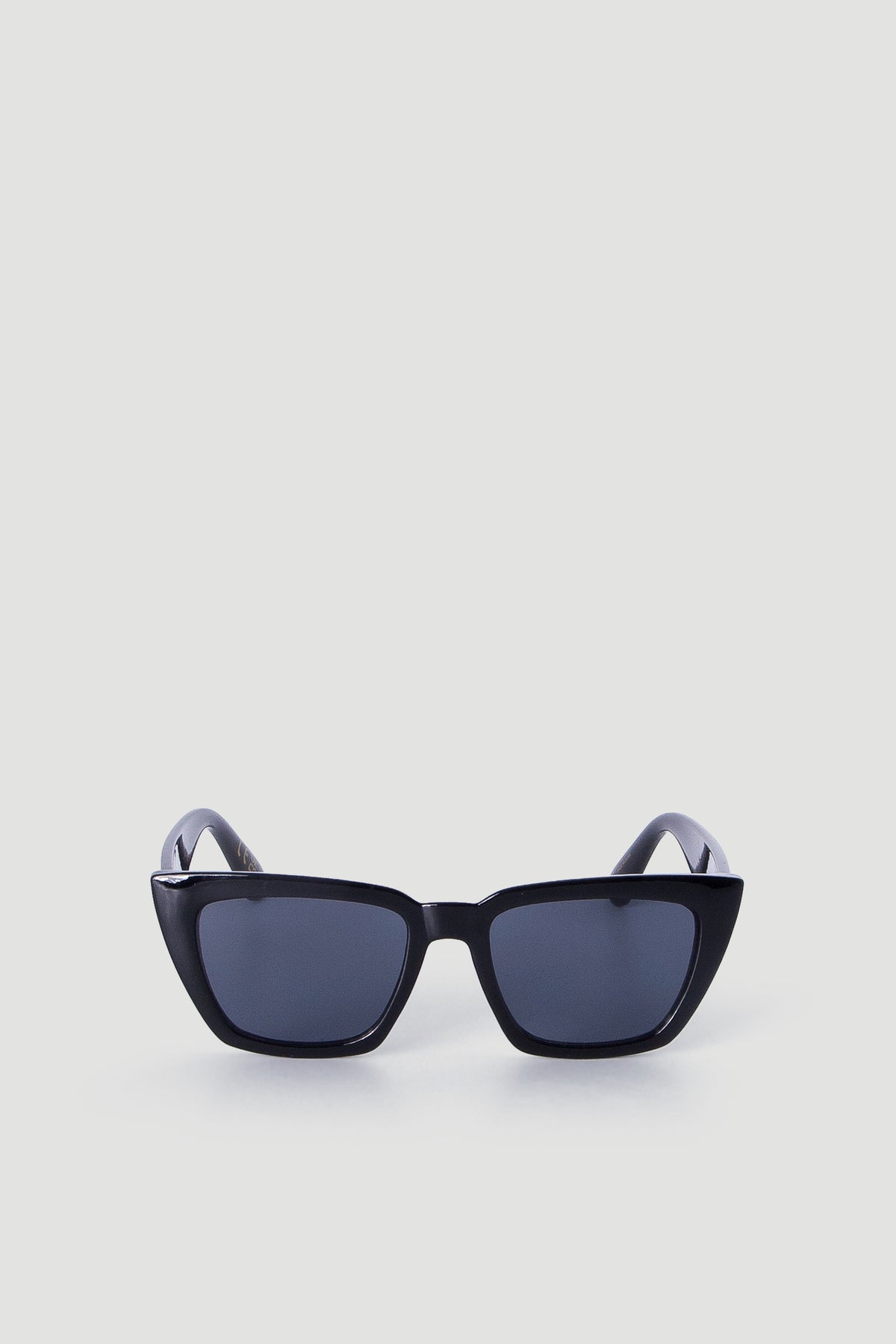 Sleek black sunglasses with bold angled cat-eye frames and dark lenses for a stylish, modern accessory.