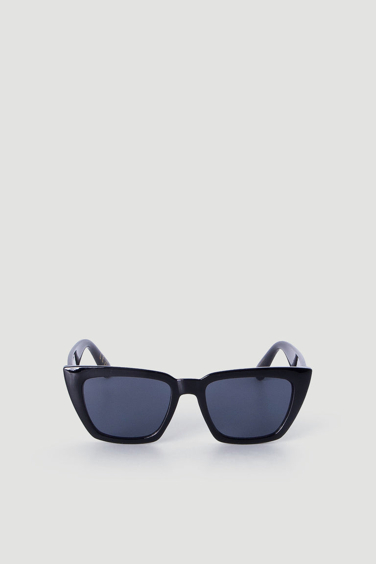 Sleek black sunglasses with bold angled cat-eye frames and dark lenses for a stylish, modern accessory.