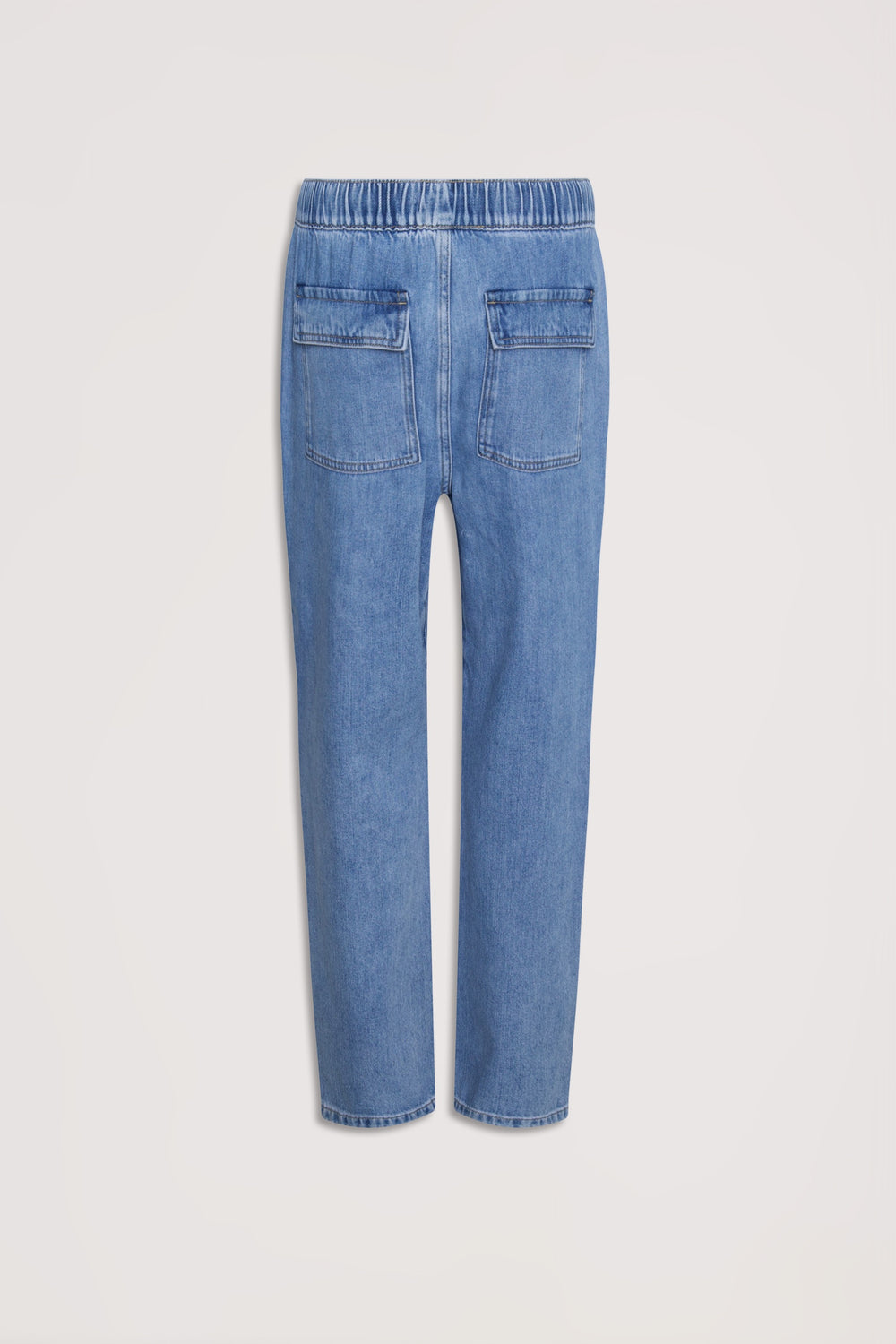 Blue denim jogger jeans with an elasticated waist and functional back pockets