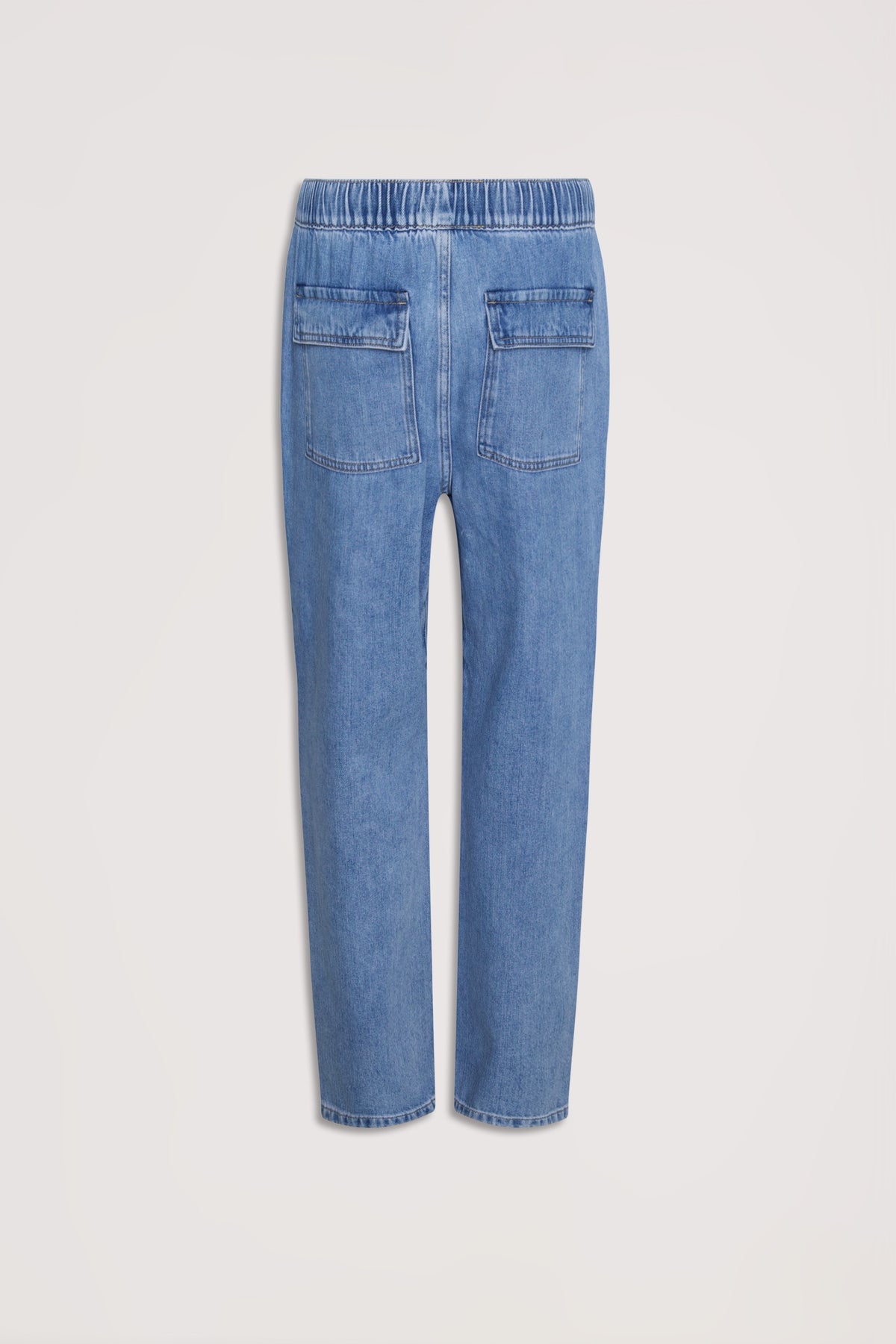 Blue denim jogger jeans with an elasticated waist and functional back pockets