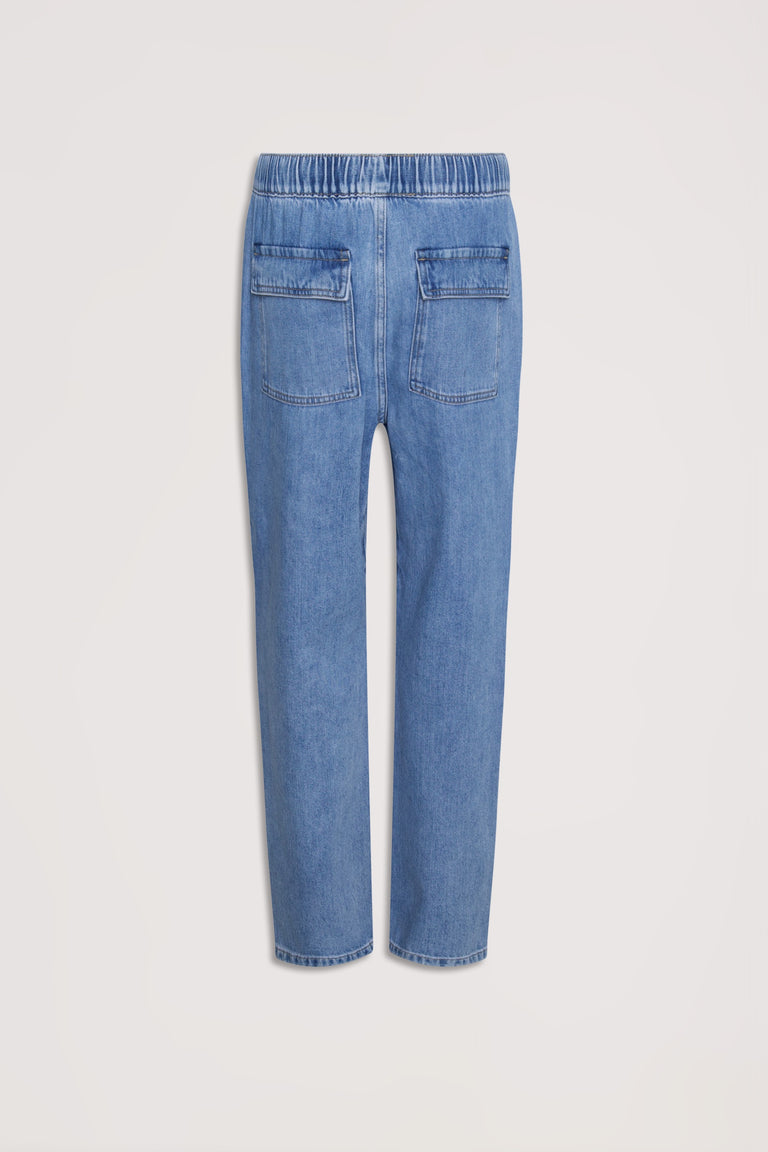 Blue denim jogger jeans with an elasticated waist and functional back pockets