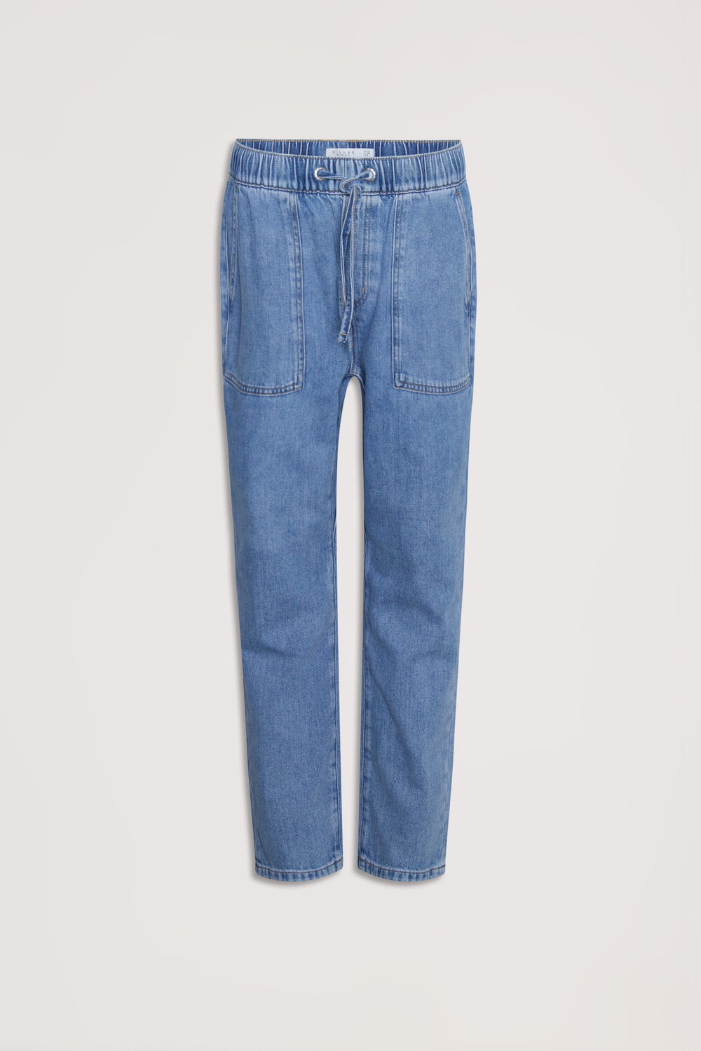 Blue denim jogger pants with an elastic drawstring waist, relaxed fit and functional front pockets