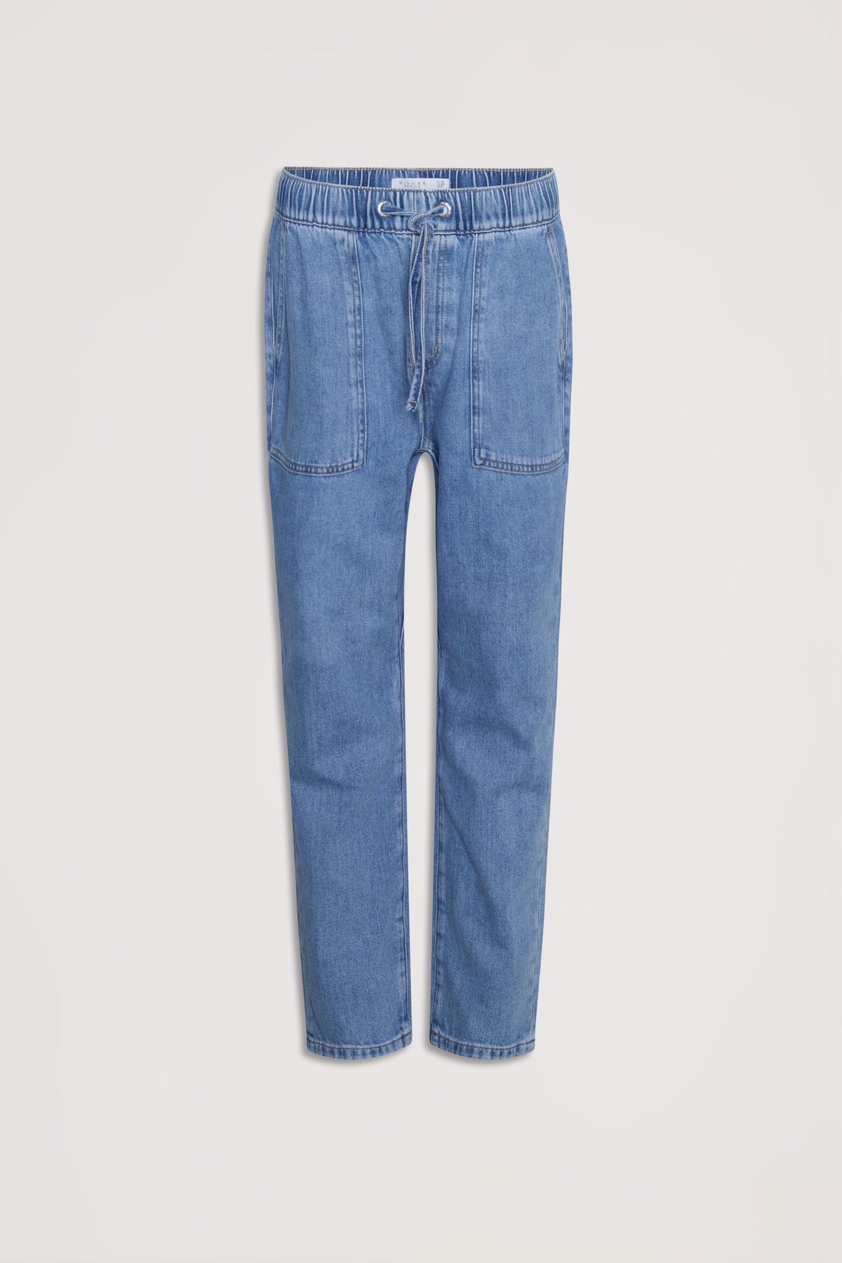 Blue denim jogger pants with an elastic drawstring waist, relaxed fit and functional front pockets