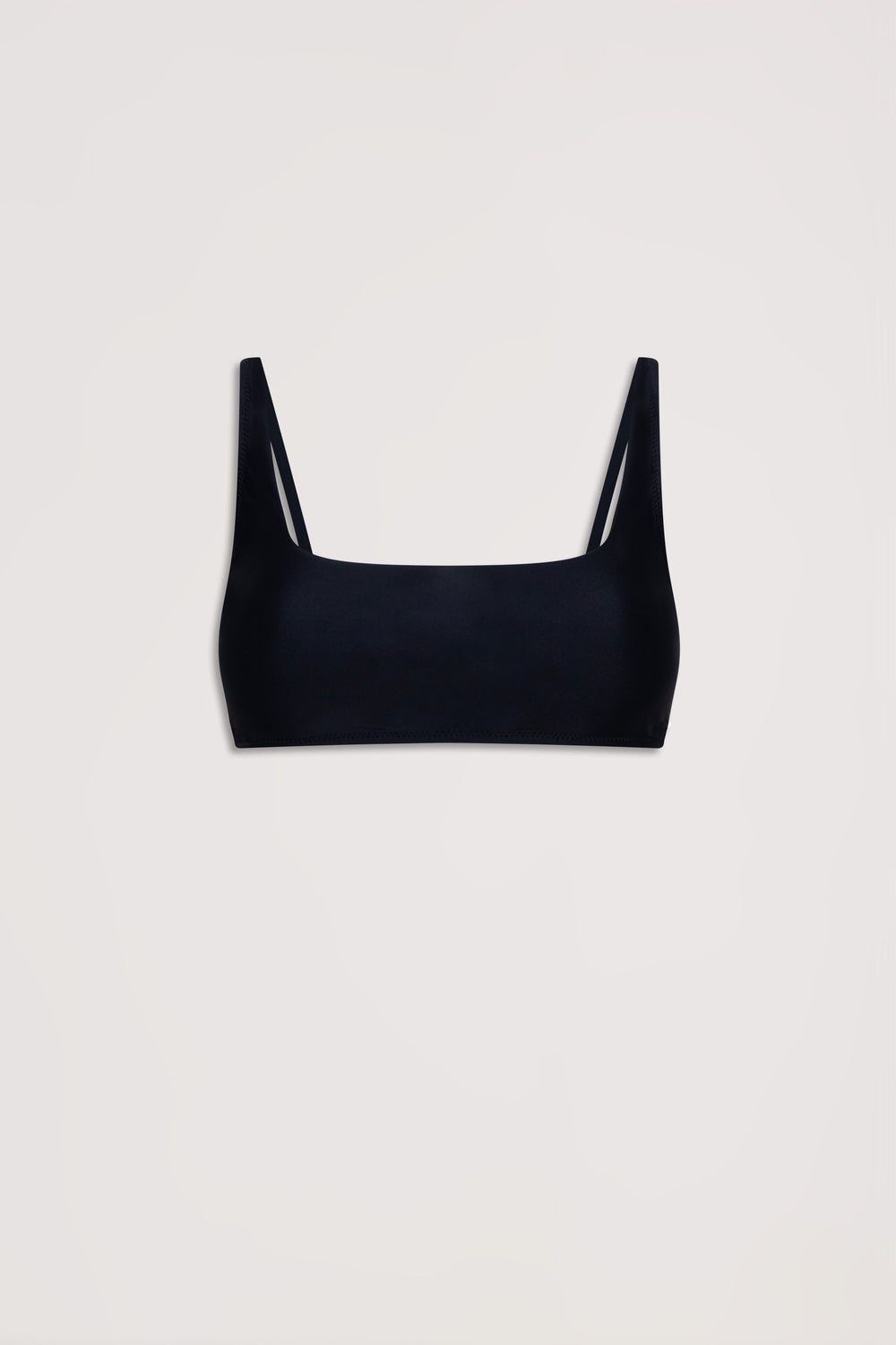 Matte black square neck bikini top with slim adjustable straps, designed for a sleek and minimalist look