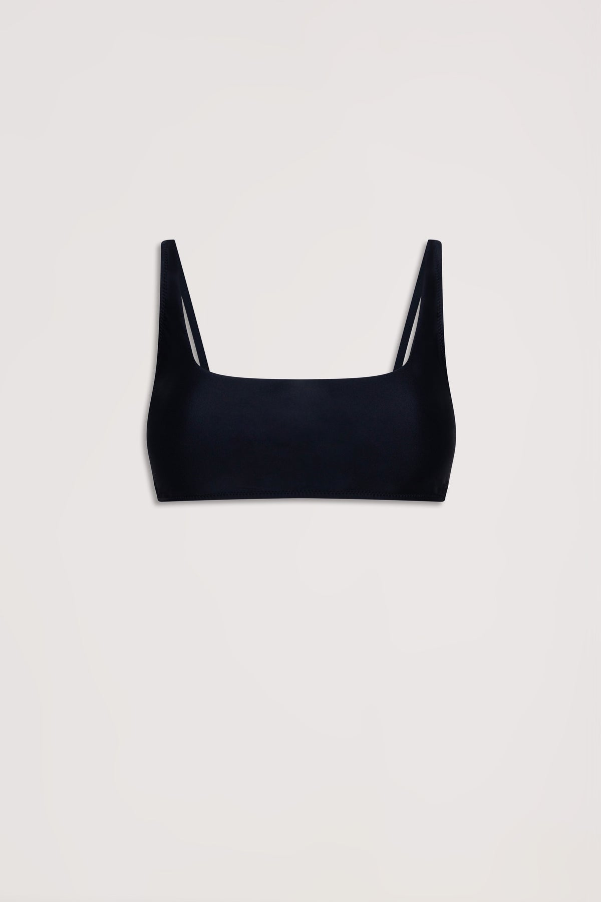 Matte black square neck bikini top with slim adjustable straps, designed for a sleek and minimalist look