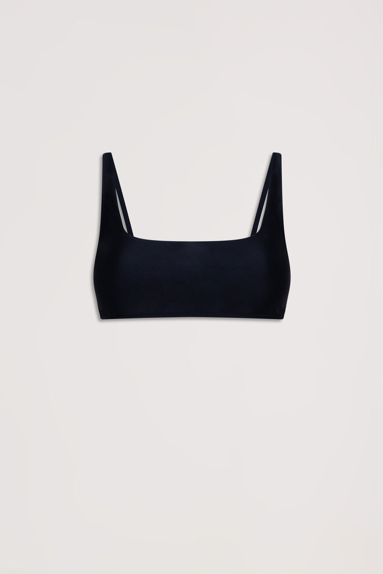 Matte black square neck bikini top with slim adjustable straps, designed for a sleek and minimalist look