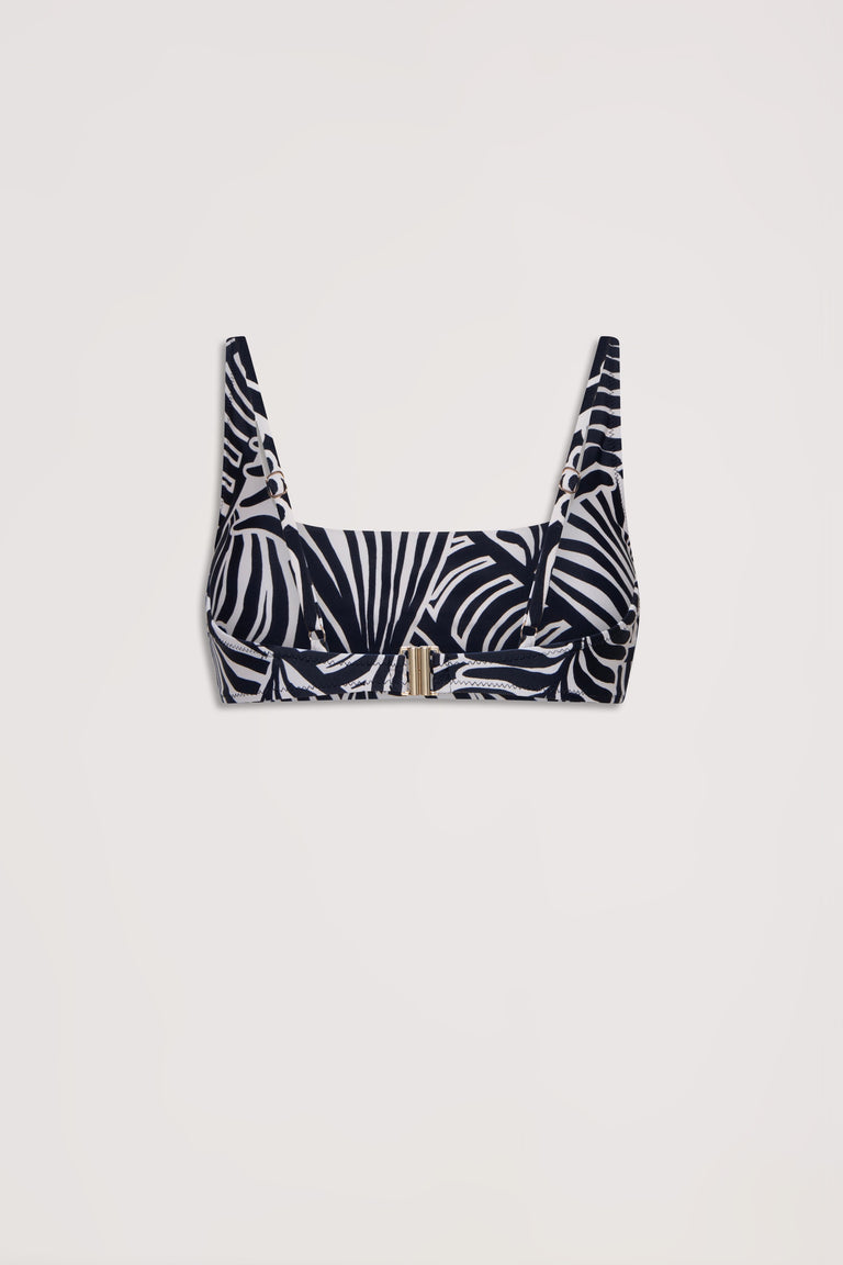 Black and white tropical leaf patterned bikini top with a modern square neckline and structured fit