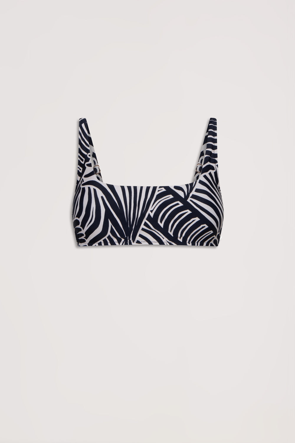 Black and white matte bikini top featuring a bold abstract palm leaf print with a square neckline and wide straps