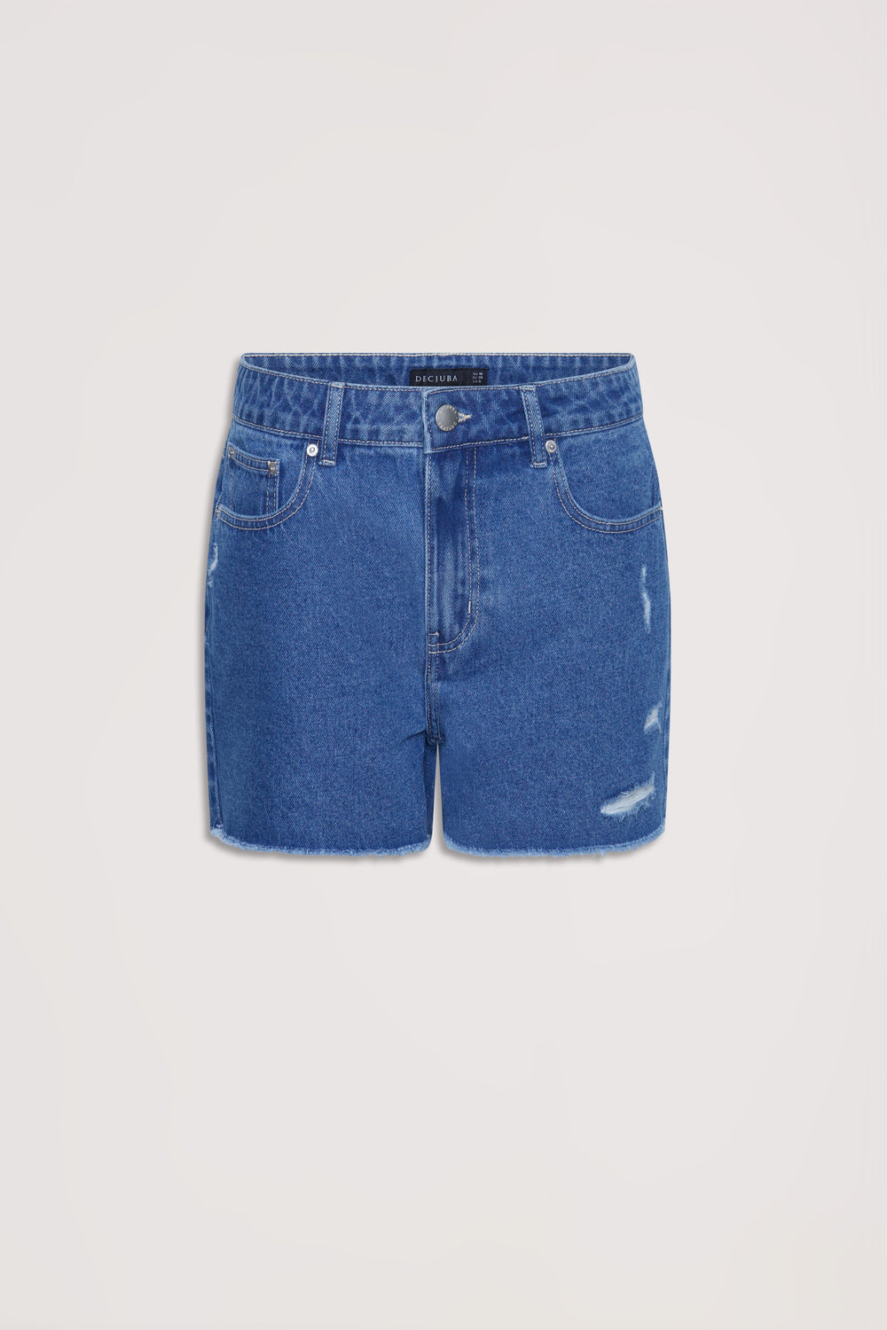 High-rise blue distressed denim shorts with classic five-pocket styling and a relaxed fit on a neutral background