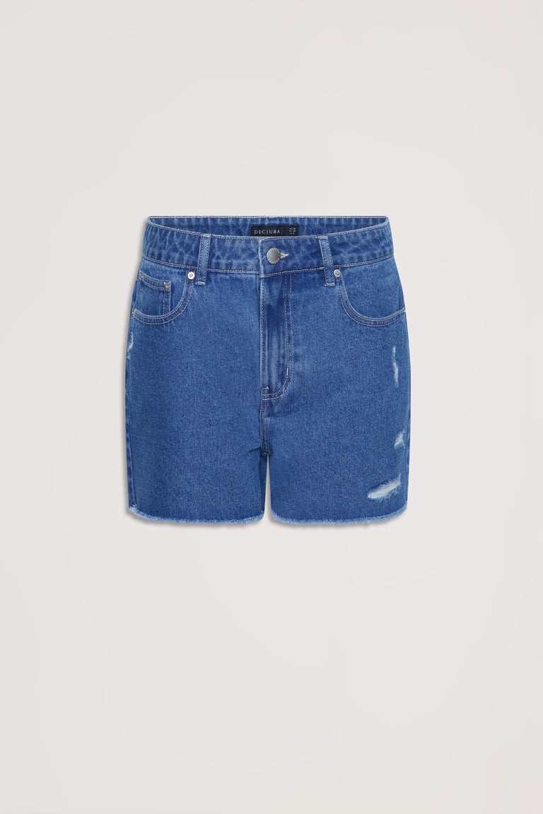 High-rise blue distressed denim shorts with classic five-pocket styling and a relaxed fit on a neutral background