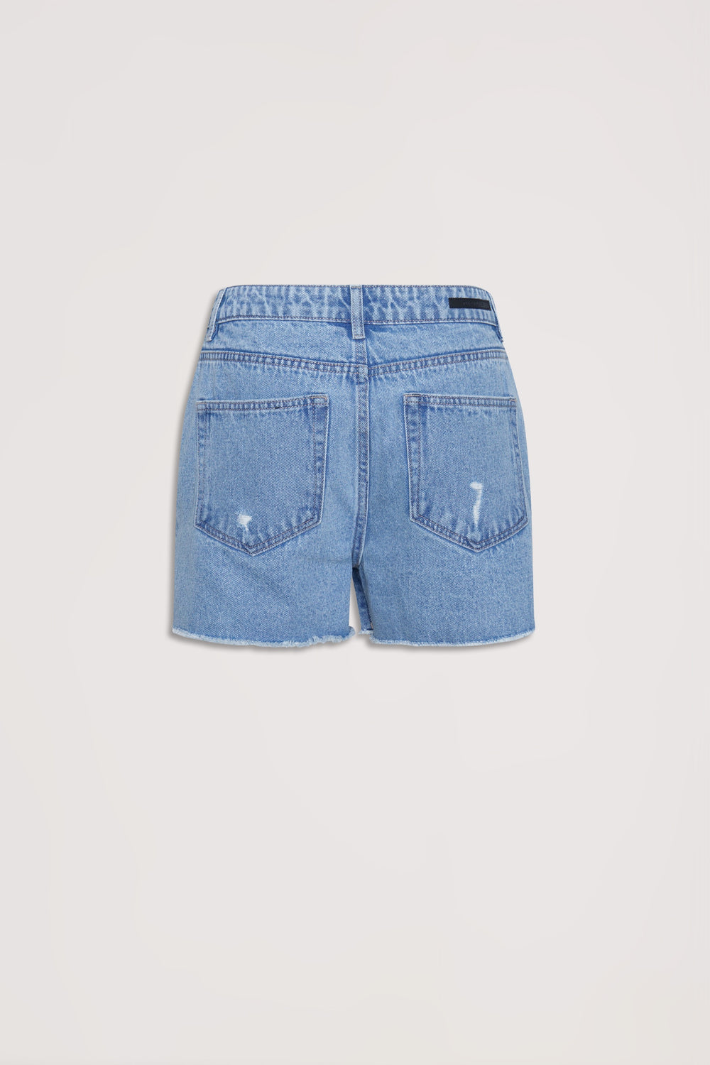 Light blue distressed denim shorts with raw hem and classic five-pocket styling shown from the back