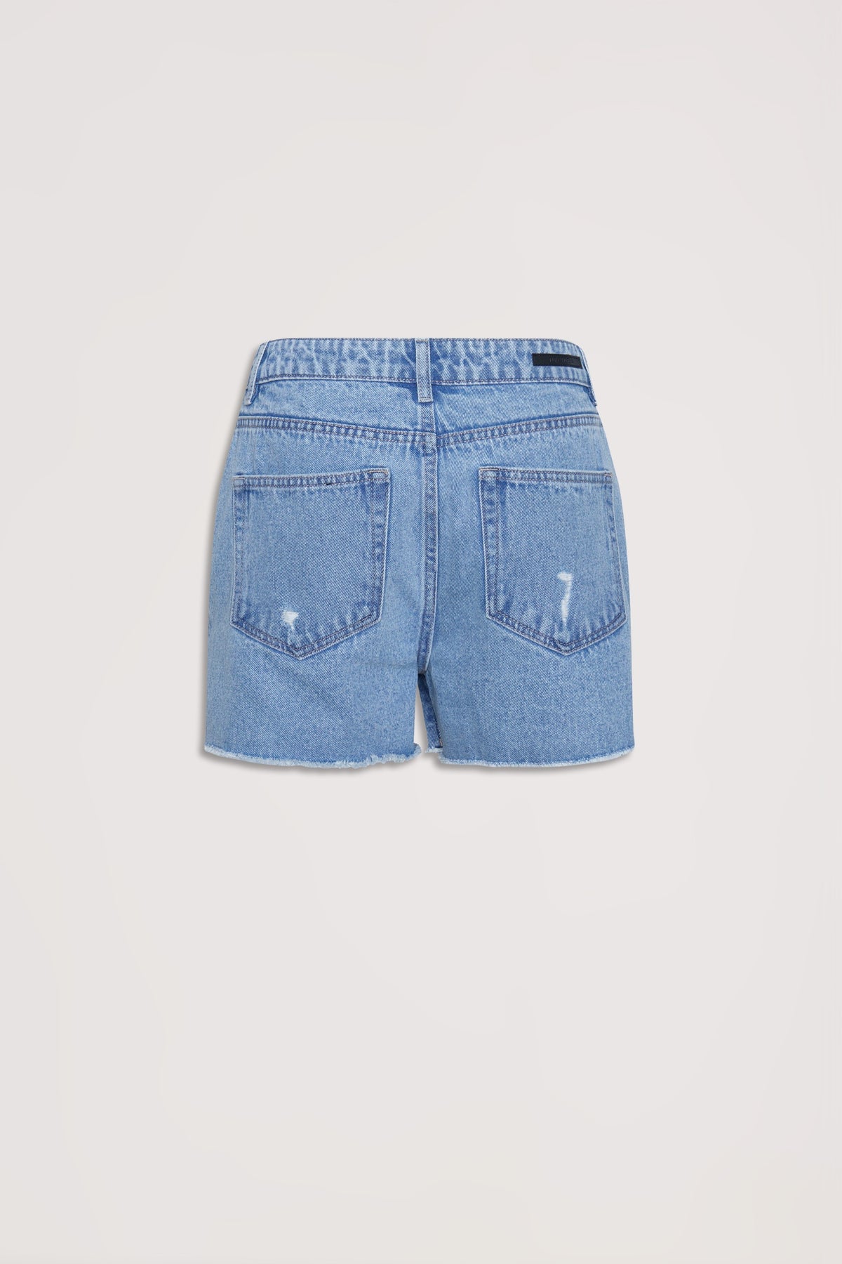 Light blue distressed denim shorts with raw hem and classic five-pocket styling shown from the back