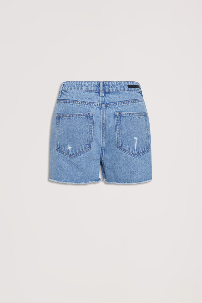 Light blue distressed denim shorts with raw hem and classic five-pocket styling shown from the back