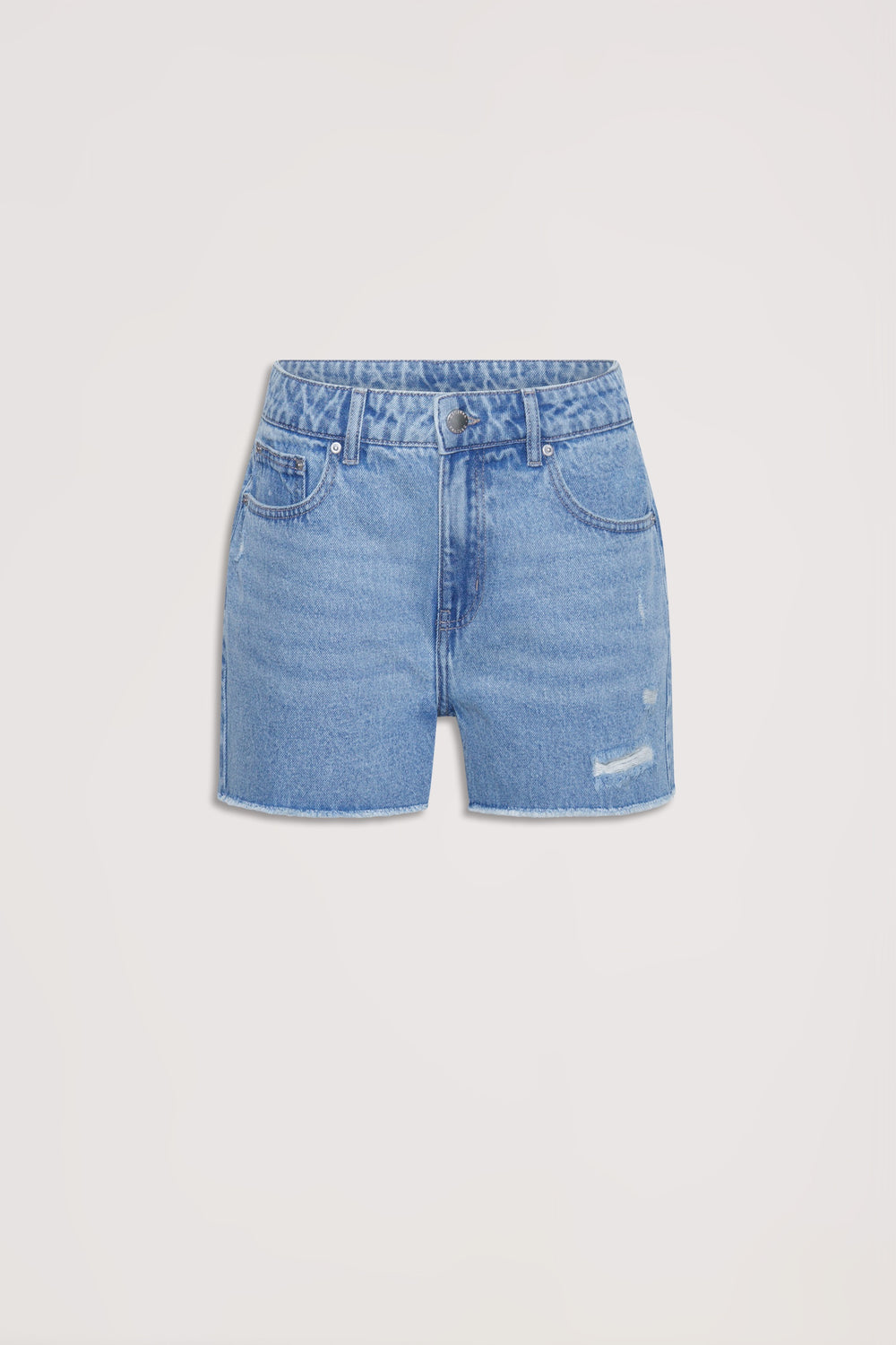 Light blue distressed denim shorts with a classic five-pocket design and subtle frayed details at the hem