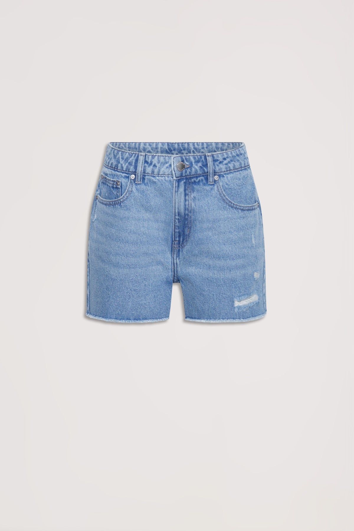 Light blue distressed denim shorts with a classic five-pocket design and subtle frayed details at the hem
