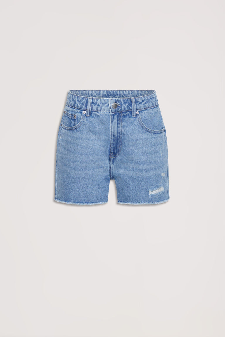 Light blue distressed denim shorts with a classic five-pocket design and subtle frayed details at the hem