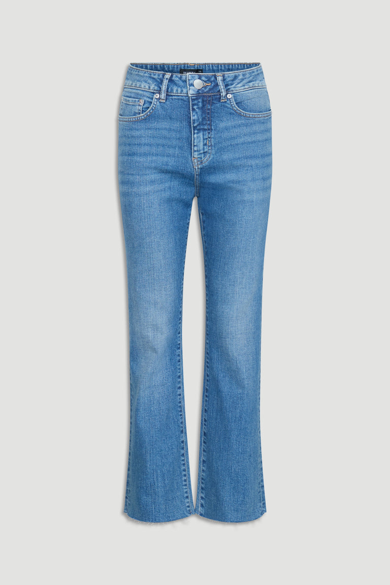 Light blue high-rise straight jeans with classic five-pocket styling and subtle fading for a timeless denim look