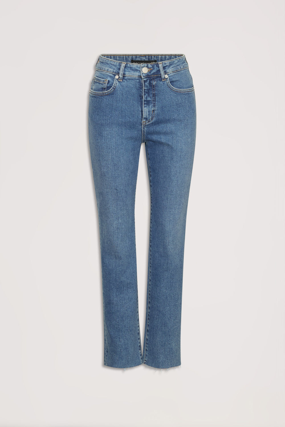Front view of classic mid-blue high-waisted straight jeans with traditional stitching and raw hem detailing