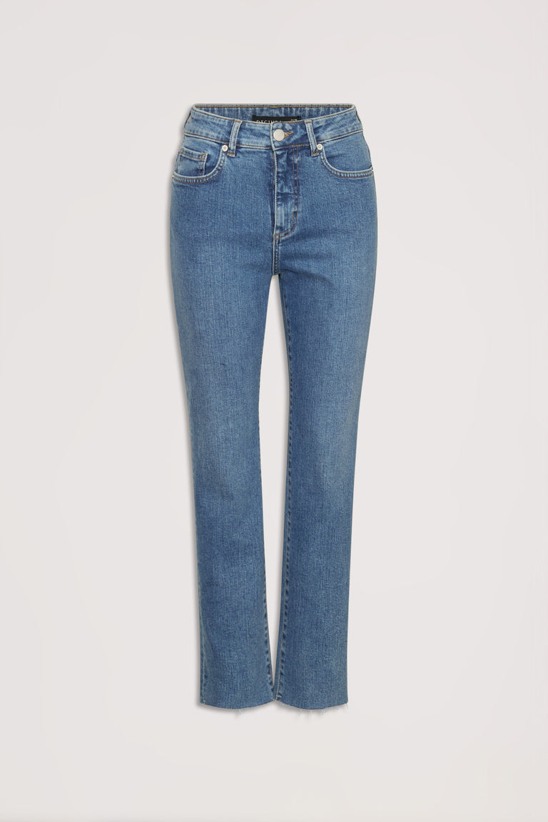 Front view of classic mid-blue high-waisted straight jeans with traditional stitching and raw hem detailing