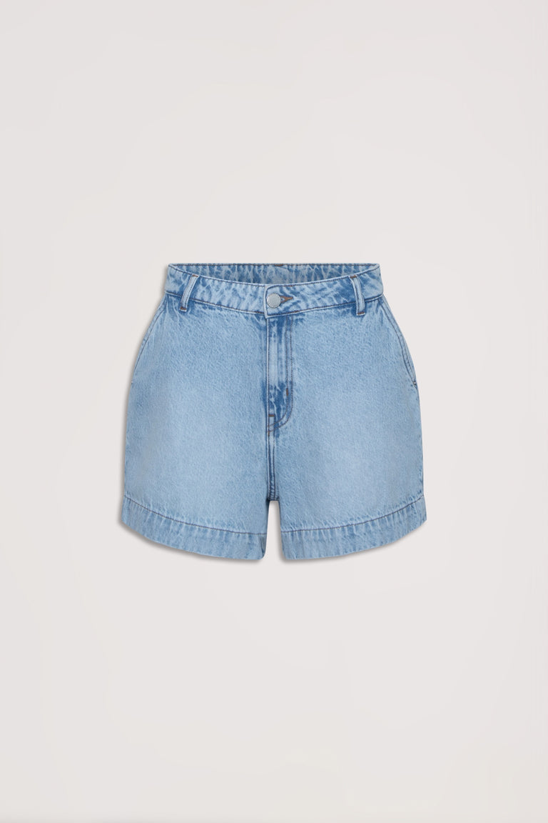 Light blue high rise denim shorts with belt loops, button and zip fly, and front pockets