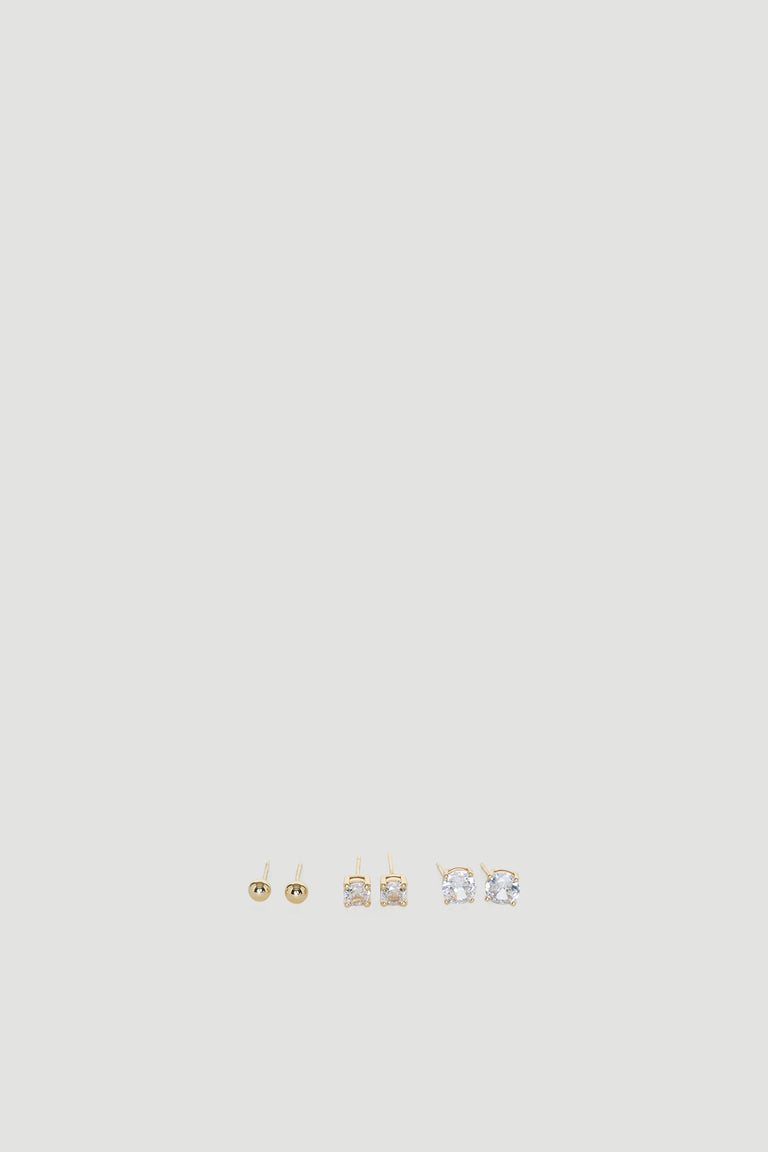 9ct 3PK Stud Earrings in gold plated recycled brass with crystal accents by DECJUBA, an Australian fashion brand.