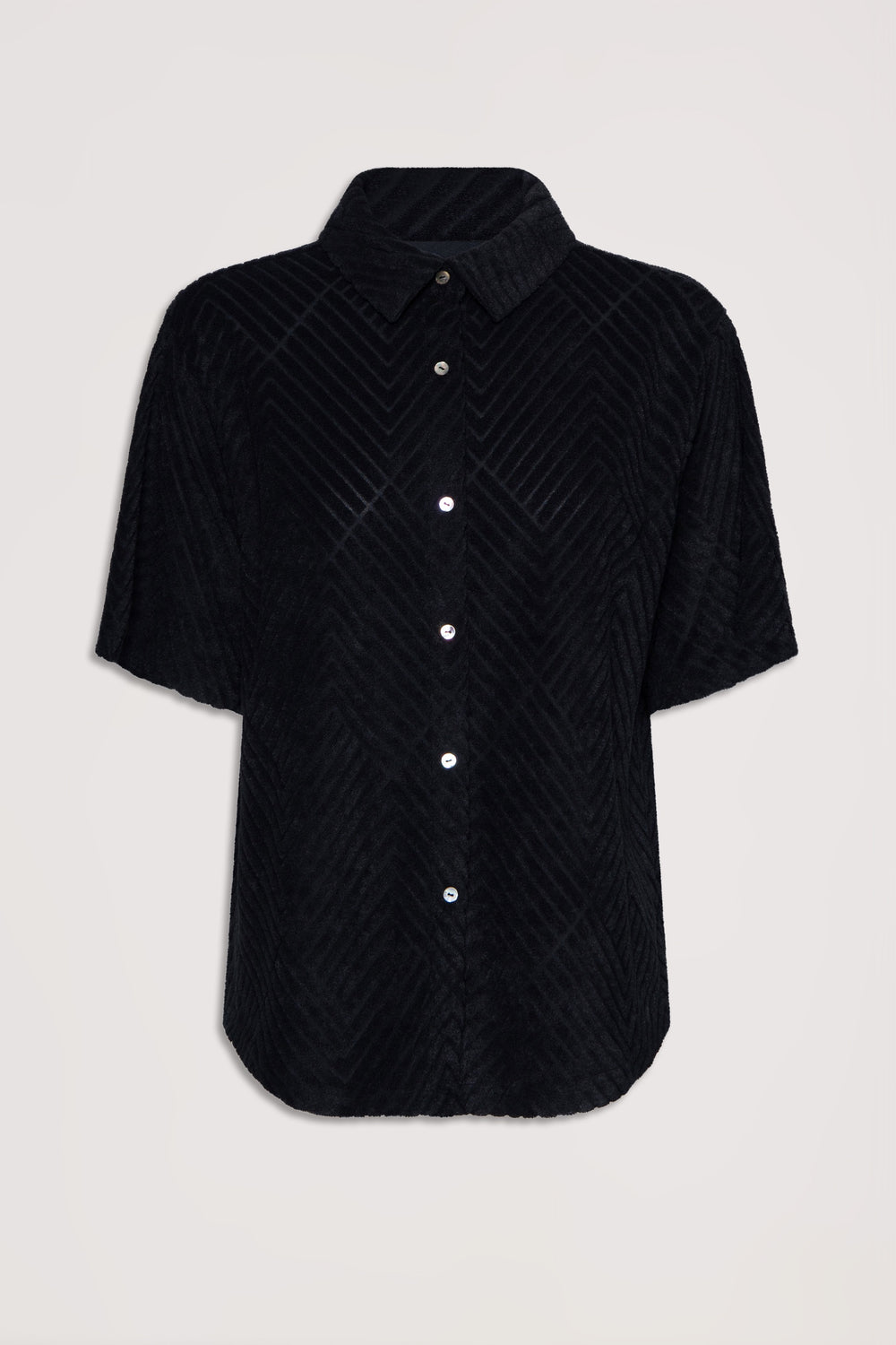 Black textured short-sleeve shirt with a subtle chevron pattern and classic button-down front design
